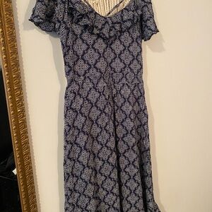 Navy Blue Print Ruffle-Trim Women’s Dress